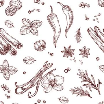 Sketch spices seamless pattern. Cooking herbs and asian vegetables. Hand drawn Stock Illustration
