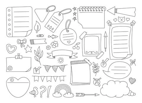 Sketch sticky notebook note paper doodle set frame diary notepad and label tag Stock Illustration