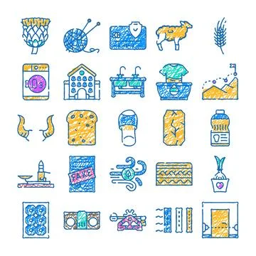 Sketch style colored icons set hand drawn effect Ilustración de archivo