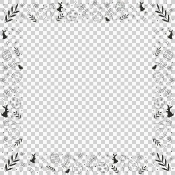 Sketch-style Easter border is featuring rabbits, eggs, flowers on transparent Stock Illustration