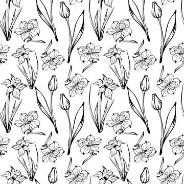 Sketch-style flowers pattern, hand-drawn on white background for unique Illustrazione stock