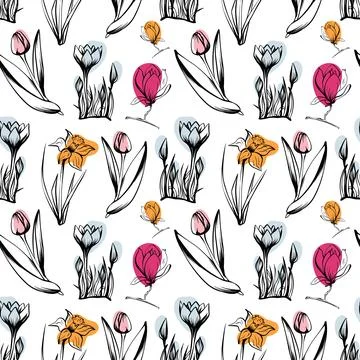Sketch-style flowers pattern, hand-drawn on white background for unique Stock Illustration