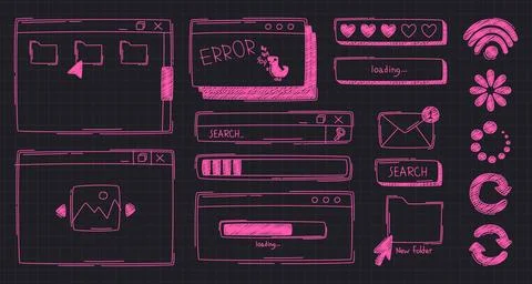 Sketch style pink user interface elements on black Stock Illustration