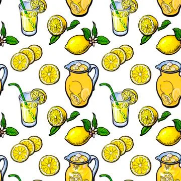 Sketch style seamless pattern of lemon, lemonade, jar and glasses Stock Illustration