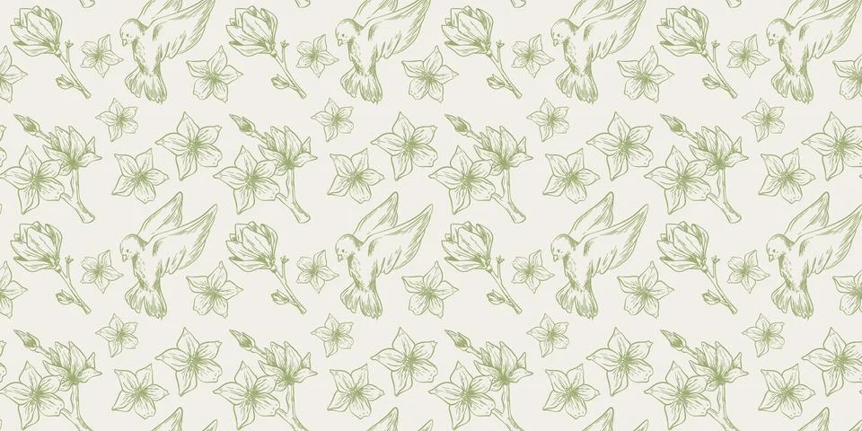 Sketch style spring seamless pattern, flying birds Stock Illustration