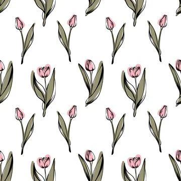 Sketch-style tulip pattern, on white background for unique packaging designs and Stock Illustration