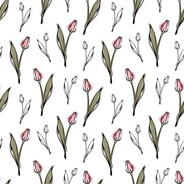 Sketch-style tulip pattern, on white background for unique packaging designs and Stock Illustration