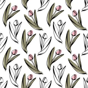Sketch-style tulip pattern, on white background for unique packaging designs and Stock Illustration