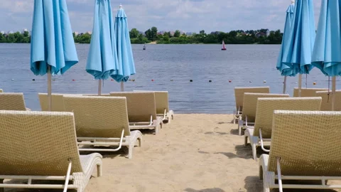Sketch summer beach with closed beach umbrellas Stock Footage 112891573