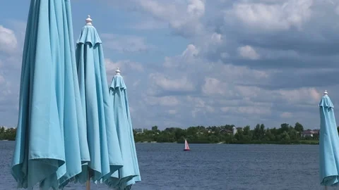 Sketch summer beach with closed beach umbrellas Video stock 112891736