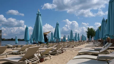 Sketch summer beach with closed beach umbrellas Stock Footage 112923133