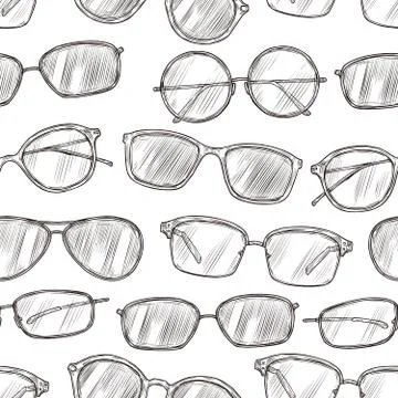 Sketch sunglasses seamless pattern. Hand drawn beach glasses 80s retro vector Illustrazione stock
