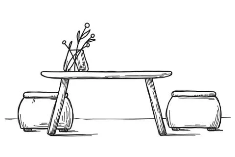 Sketch the table and two poufs. Vector Stock Illustration