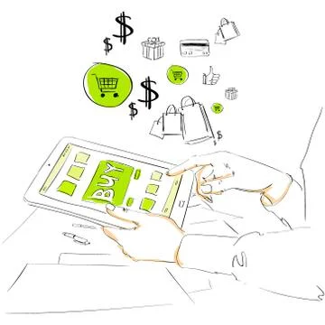 Sketch tablet computer buy button touch finger on line store 스톡 일러스트