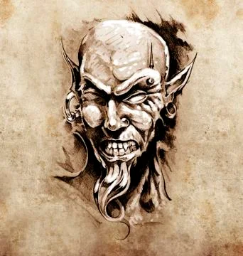Sketch of tattoo art, devil head with piercing Illustrazione stock