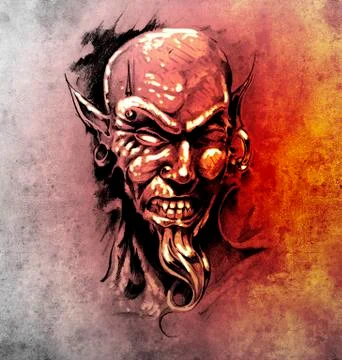 Sketch of tattoo art, devil head with piercing イラスト素材