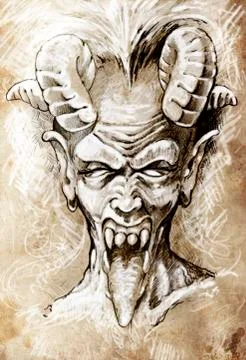 Sketch of tattoo art, devil head, gothic, vintage style 스톡 일러스트