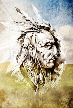 Sketch of tattoo art, indian head over cropfield background Stock Illustration