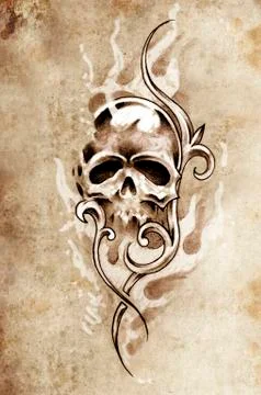 Sketch of tattoo art, skull devil, decorative vintage illustration Illustrazione stock