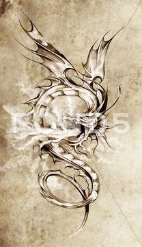 Sketch of tattoo art, stylish dragon illustration Stock Illustration