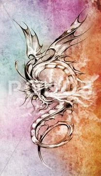 Sketch of tattoo art, stylish dragon illustration over colorful paper Stock Illustration