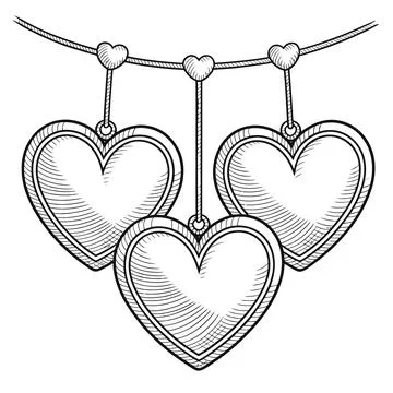 A sketch of three hearts hanging from a string detailed with line work Stock-Illustration