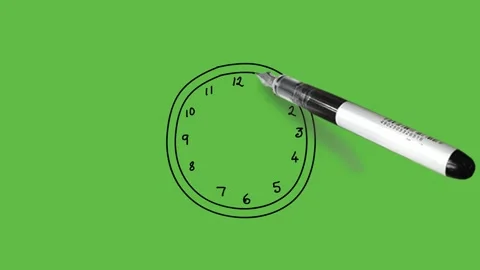Sketch time 3 o'clock in pink clock, brown frame, yellow needle black outline Video stock 157614783