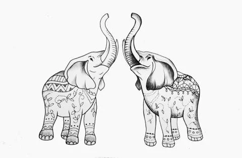 Sketch of two elephants in patterns on a white background. Stock Illustration