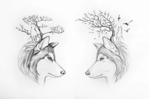 Sketch of two Huskies tree and cats on white background. Stock Illustration