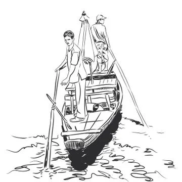 Sketch two men standing on the edge in a boat in the river and are kept in th Stock Illustration