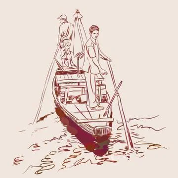 Sketch two men standing on the edge in a boat in the river and are kept in th Stock Illustration