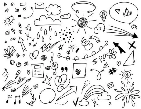 Sketch underline, doodle elements, accent, arrow shapes set, nature. 库存插图
