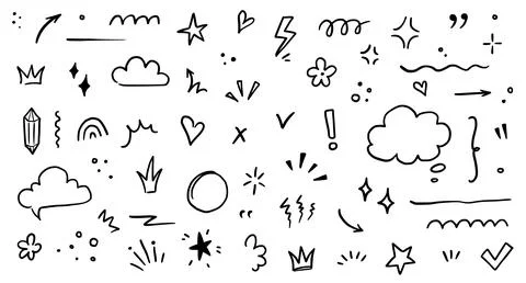 Sketch underline, emphasis, arrow shape set. Hand drawn brush stroke, highlight Stock Illustration