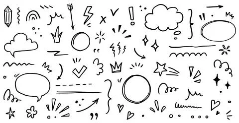 Sketch underline, emphasis, arrow shape set. Hand drawn brush stroke, highlight Stock Illustration
