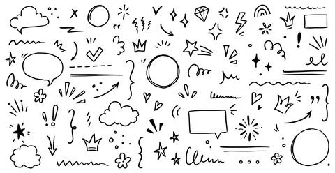 Sketch underline, emphasis, arrow shape set. Hand drawn brush stroke, highlight 스톡 일러스트