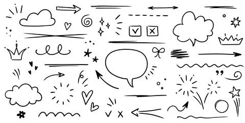 Sketch underline, emphasis, arrow shape set. Hand drawn brush stroke, highlight Stock Illustration