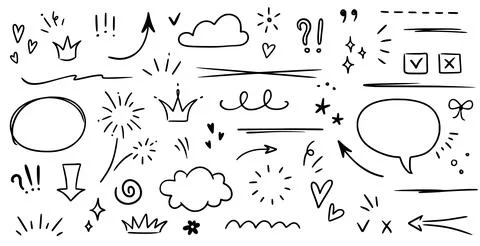 Sketch underline, emphasis, arrow shape set. Hand drawn brush stroke, highlight Stock Illustration