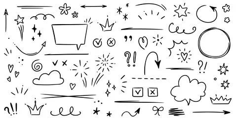 Sketch underline, emphasis, arrow shape set. Hand drawn brush stroke, highlight 스톡 일러스트