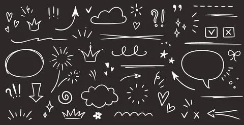 Sketch underline, emphasis, arrow shape set on chalkboard background. Hand drawn 스톡 일러스트