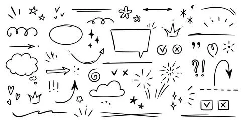 Sketch underline, emphasis, arrow shape set. Hand drawn brush stroke, highlight Stock Illustration