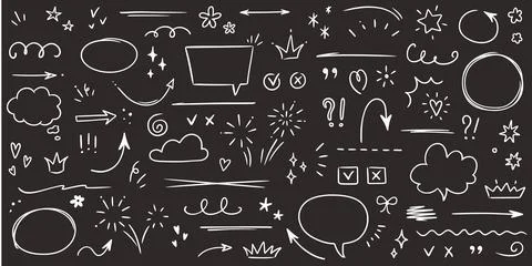 Sketch underline, emphasis, arrow shape set on chalkboard background. Hand drawn Stock Illustration