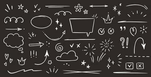 Sketch underline, emphasis, arrow shape set on chalkboard background. Hand drawn Stock Illustration