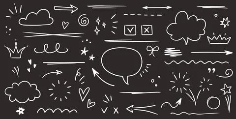 Sketch underline, emphasis, arrow shape set on chalkboard background. Hand drawn Stock Illustration