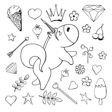 Sketch unicorn with various cute objects isolated on white background. Vector Stock Illustration
