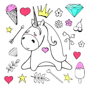 Sketch unicorn with various cute objects isolated on white background. Vector Stock Illustration