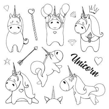Sketch unicorns with various cute objects isolated on white background. 스톡 일러스트