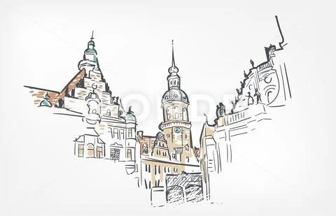 Sketch vector illustration Dresden line art isolated watercolor Stock Illustration