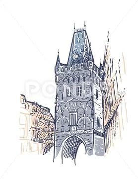Sketch vector illustration european view prague tower Stock Illustration