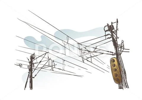 Sketch vector illustration european view wires traffic light Stock Illustration