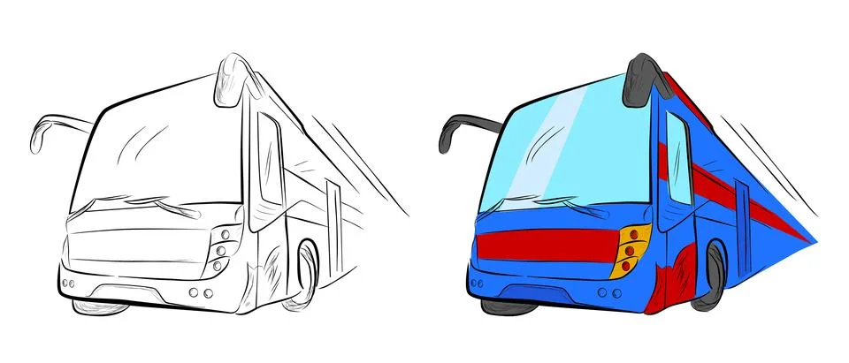 Sketch Vector Set 2 of Modern Big Bus with Red and Blue Water Color Low Angle Stock Illustration